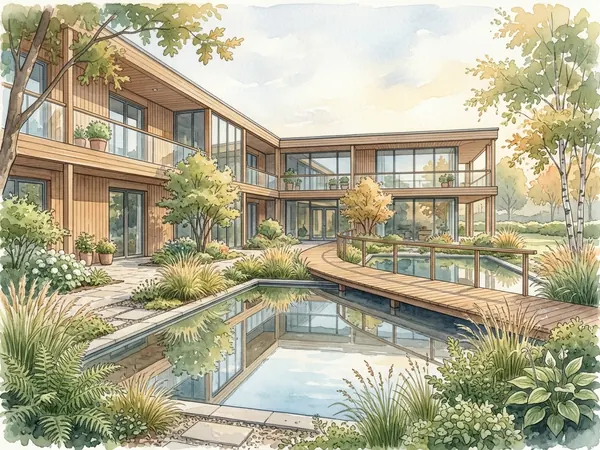 Illustration of a Czech senior care home with modernist courtyard